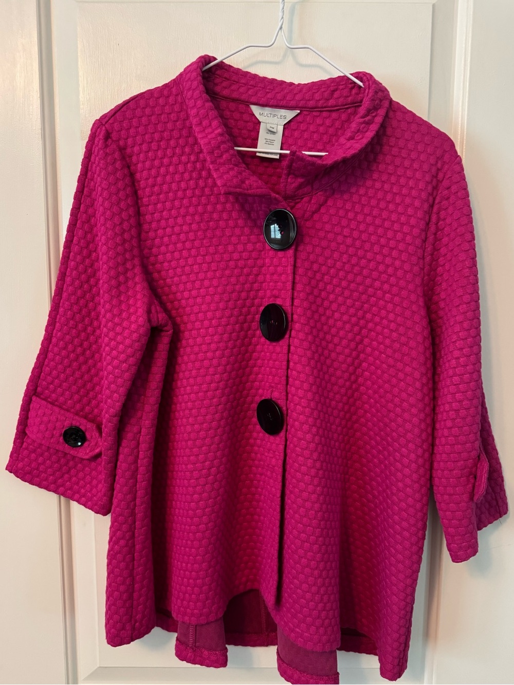 Multiples Hot Pink Textured Quilted Pea Coat with Black Buttons